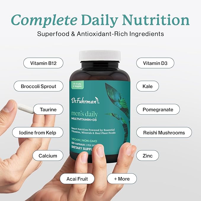 Dr. Fuhrman Multivitamin for Men + D3 Vitamin for Immune Support | Vegan Formula Men’s Multivitamin with B12 & Zinc | Whole Food multivitamin Packed with 17 Fruits & Veggies | Non GMO | 120 Capsule