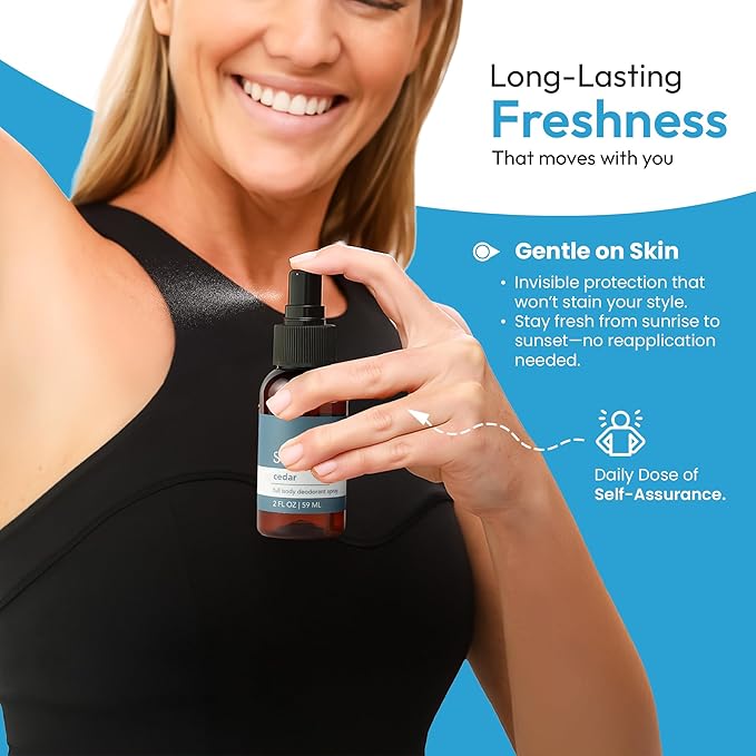 SweatyB® Full Body Deodorant Spray - Non-Irritant, Sensitive Skin-Friendly Spray for Women & Men - Made in USA - Cedar - 2 oz - 1 pack