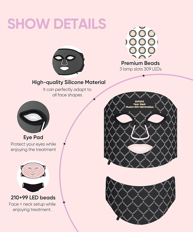 Red Light Photon Facial & Neck Mask with Remote Control, 7 Custom Modes with Infrared, Portable & Rechargeable with Timer for Home Use, 850nm Infrared & Red Light Masks, Black