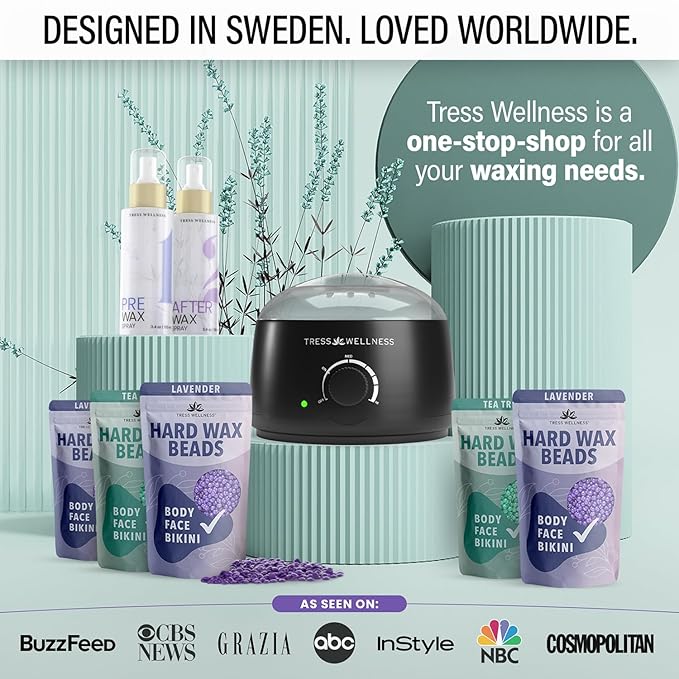 Tress Wellness Waxing Kit for Sensitive Skin – Safe for Face & Skin, Prep & Aftercare Wipes, Easy to Use – At-Home Kit for Face, Bikini, Brazilian & Full Body - Black, No Display