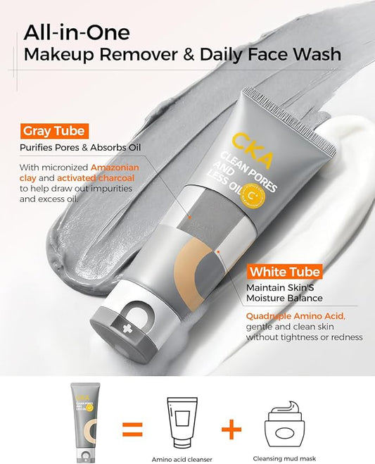 CKA Facial Deep Cleanser 2 Pack, Blackhead Makeup Remover 2 in 1 Dual-Chamber Foam Cleanser, Gentle Oil Control Minimizes Pores with Amazonian White Clay & Amino Acid, Daily Face Wash for Oily Skin