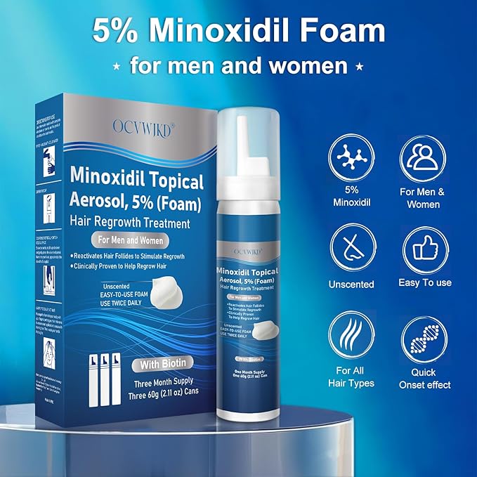 5% minoxidil foam for men, topical minoxidil foam, Biotin-Infused, Hair Growth Treatment, Unscented, Foam, 3-4 Month Supply, Supports Thicker and Fuller Hair & Beard