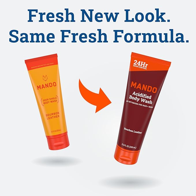 Mando Odor Shield Body Wash - 24 Hour Control - Removes Odor Better than Soap - SLS Free, Paraben Free, Skin Safe - 8.5 Ounce (Pack of 2) (Bourbon Leather)