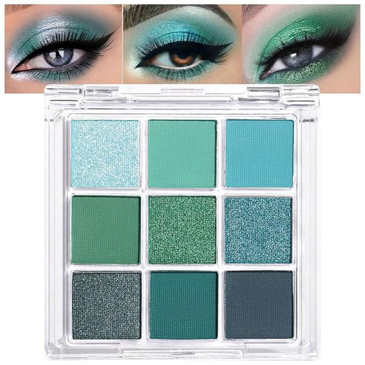 AMY'S DIARY Matte Shimmer Light Deep Green Eye Shadow Palette Makeup,Teal Eyeshadow Long Lasting Waterproof Cruelty-Free, 9 Blendable Shades in Smooth Finishes with Gorgeous Pearls for Girls (Green)