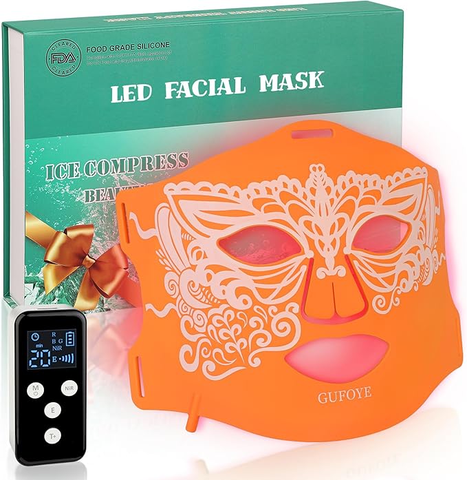 Red Light Therapy for Face with Ice Compress, 850nm Infrared Red Light Therapy, 8 Light Modes Led Face Mask Light Therapy, 4 in 1 lamp beads, 3000mAh, Facial light therapy devices for Home, Orange