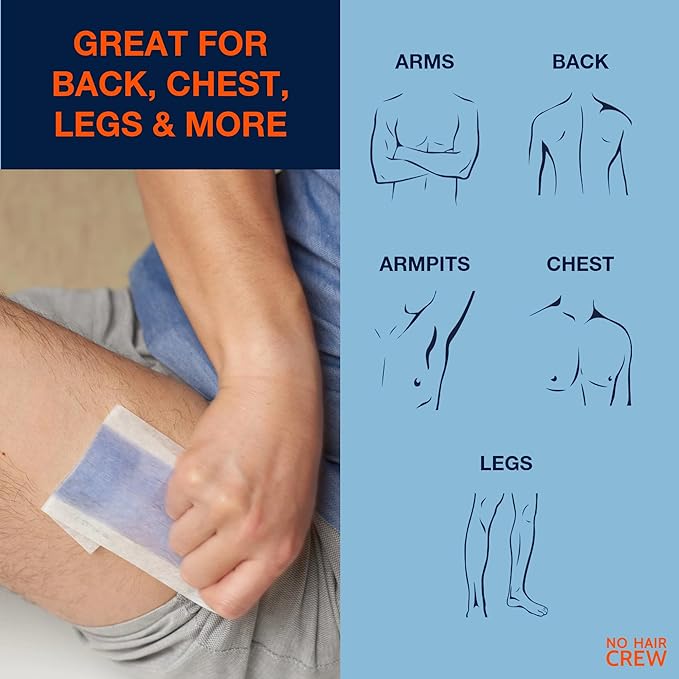 NO HAIR CREW Body Wax Strips – High Performance Wax Strips Made for Men, 20 strips & 4 soothing cleansing wipes