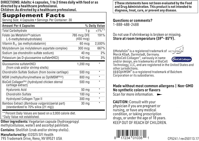 Klaire Labs SFI Health Joint Support Formula - Joint Recovery & Cartilage Production Blend with Hydrolyzed Collagen, Chondroitin & Hyaluronic Acid (120 Capsules)