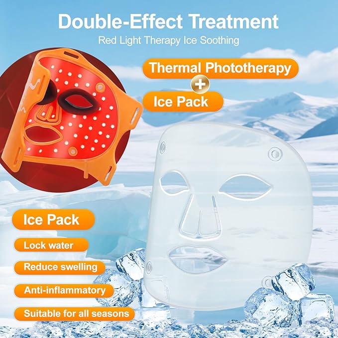 Red Light Therapy for Face with Ice Compress, 850nm Infrared Red Light Therapy, 8 Light Modes Led Face Mask Light Therapy, 4 in 1 lamp beads, 3000mAh, Facial light therapy devices for Home, Orange