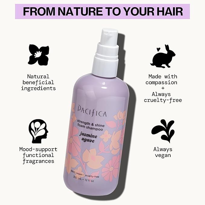 Pacifica Jasmine Agave Strength & Shine Foaming Shampoo – Repairing Foam Shampoo for Dry, Damaged or Bleached Hair, Deep Clean & Glossy Finish, Clean Beauty Vegan & Cruelty-Free Dermatologist Tested