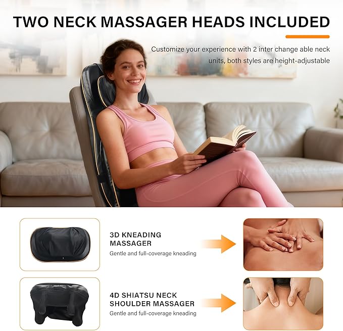 Shiatsu Neck Back Massager Chair Cushion w/Heat - Full-Back Massage Cushion with Kneading, Rolling, Vibration- Adjustable Neck Height & Intensity - Heated Seat for Home & Office