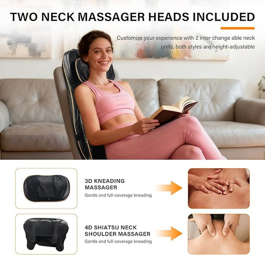 Shiatsu Neck Back Massager Chair Cushion w/Heat - Full-Back Massage Cushion with Kneading, Rolling, Vibration- Adjustable Neck Height & Intensity - Heated Seat for Home & Office