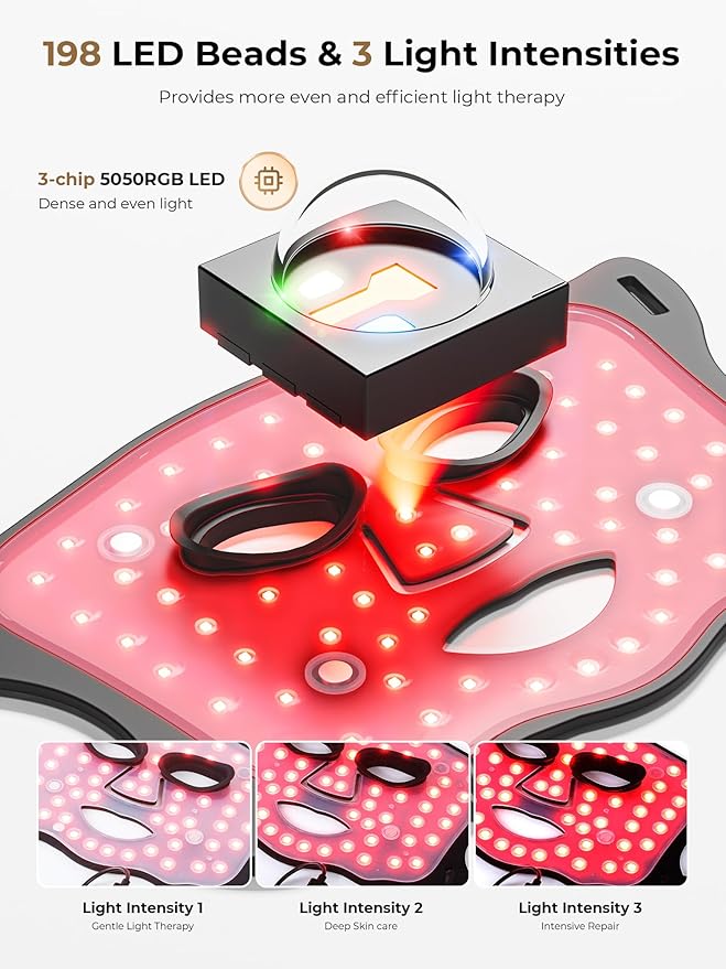 LED Light Therapy mask (E106A) for Face, LED Light Therapy Mask with Adjustable Brightness and Timer, Soft Silicone Red Light Therapy Mask for Home & Travel