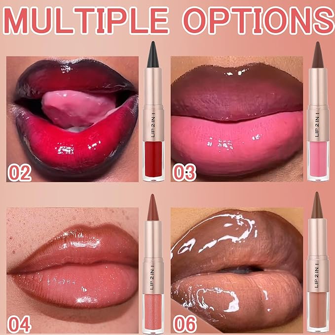 2 in 1 Dual-Ended Lip Combo Sets, Velvet Matte Brown Lip Liner Gloss Kit, Nude Lipstick, Long Lasting High Pigmented Makeup