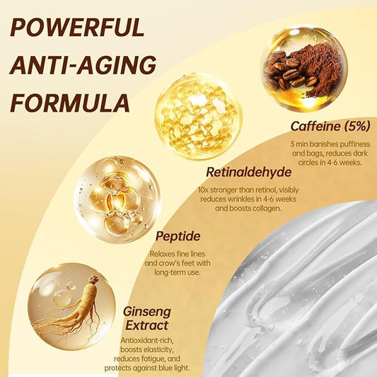 5% Caffeine Eye Serum Roller, Eye Cream for Dark Circles & Wrinkles - with Retinal Hyaluronic Acid, Instant Depuffing Eyelid Lift, 0.51 fl oz