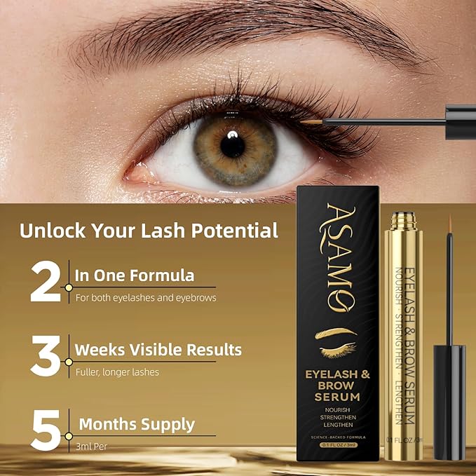 ASAMO Eyelash & Eyebrow Growth Serum - 2-in-1 Lash & Brow Enhancer for Longer, Thicker, Fuller Looking Lashes - Advanced Peptide Formula, Vegan & Cruelty-Free, Safe for Sensitive Eyes - 3ml