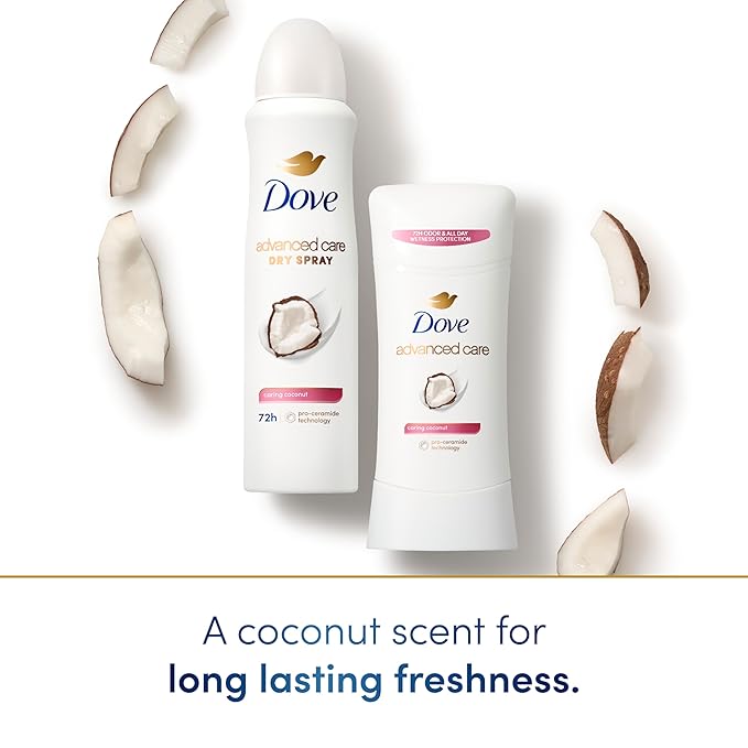 Dove Advanced Care Antiperspirant Deodorant Stick Caring Coconut 4 ct for helping your skin barrier repair after shaving 72-hour odor control and sweat protection with Pro-Ceramide Technology 2.6 oz