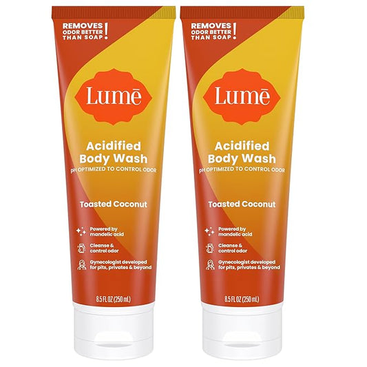 Lume Acidified Body Wash - 24 Hour Odor Control - Removes Odor Better than Soap - Moisturizing Formula - Formulated Without SLS or Parabens - OB/GYN Developed - 8.5 ounce (Pack of 2) (Toasted Coconut)