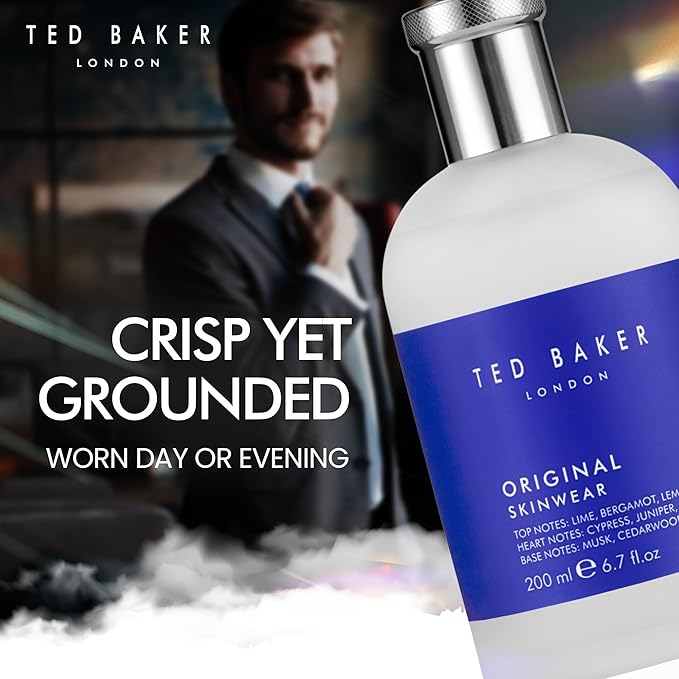 Ted Baker Skinwear EDT, woody masculine fragrance, zesty lime, bergamont and lemon top notes with sandalwood, amber and cedar base notes, 6.76 fl oz