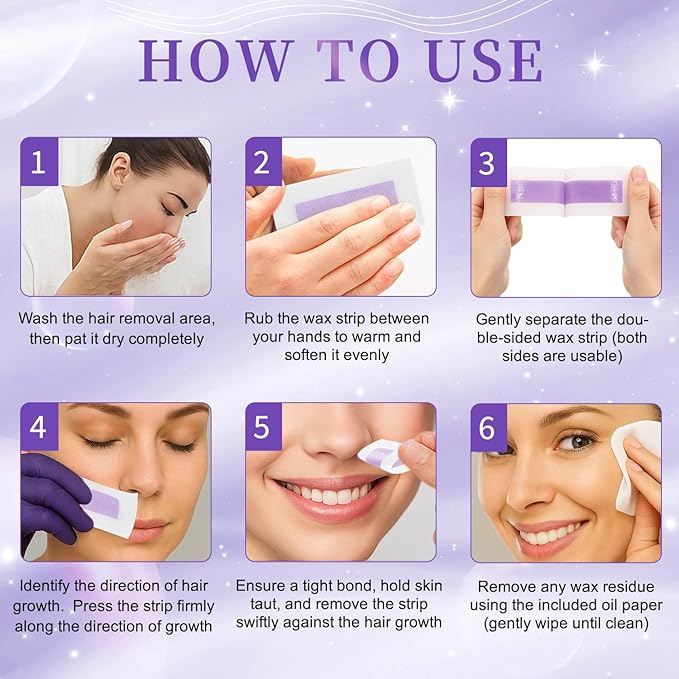 Facial Wax Strips for Hair Removal: Fast Working and Gentle for Face, Eyebrow, Upper Lip, Chin - Waxing Strips Kit for Women - At Home Waxing Kit with 40 Face Wax Strips + 4 Calming Oil Wipes