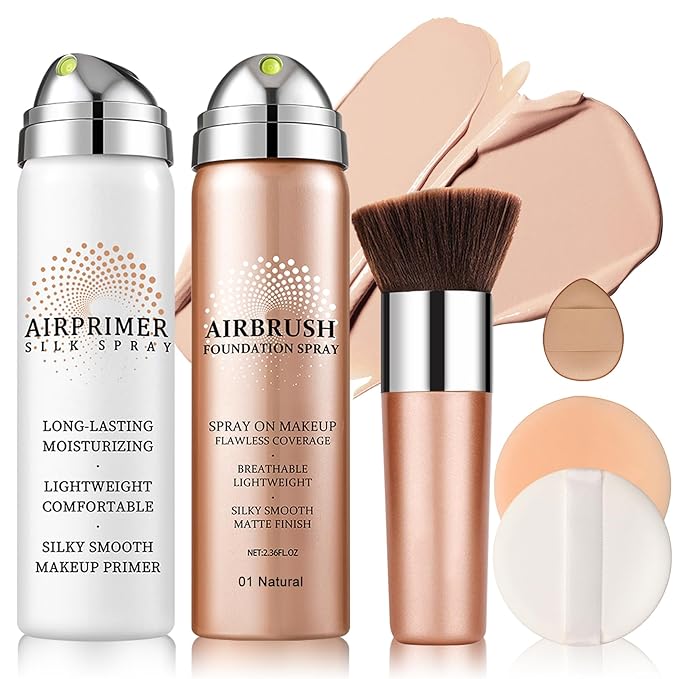 Air Brush Makeup Foundation and Makeup Primer for Face,Hydrates and Moisturizes,Buildable Coverage with Anti-aging Formula for Smooth Radiant Skin (01 Natural/Warm Porcelain)