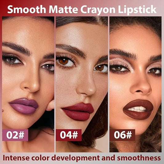 evpct 6Pcs Matte Lip Crayon Bar Set, Maroon Plum Purple Nude Brown Brownish Red Rose Orange Matte Lipsticks, Long Lasting Waterproof Lips Stick for Women, Creamy Smooth High Pigment Velvet Lipstick