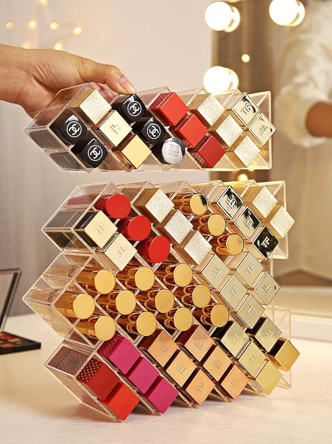 Lipstick Holder Organizer 64 Spaces Acrylic Stackable Fish Shape Lipstick Tower, Lip Gloss Storage Stand, Perfect for Lipgloss Organizers Makeup Vanity Display, Clear (4 Pack)