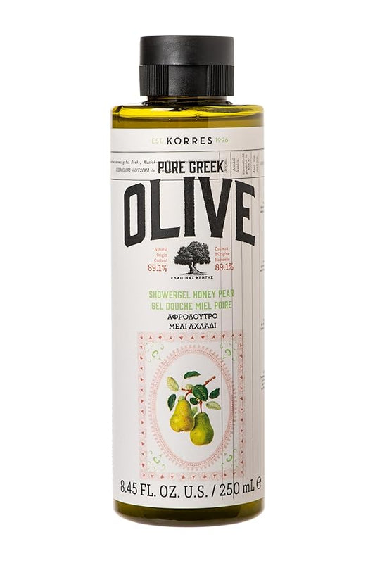 KORRES Pure Greek Olive Shower Gel Honey Pear Scent, Plant Based Foaming Body Cleanser with Olive Leaf Extract, Active Aloe & Wheat Proteins for Women & Men, Gentle Wash, Made in Greece, 8.45 Fl Oz