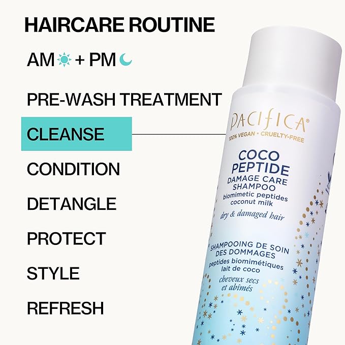 Pacifica Coco Peptide Damage Care Shampoo – Repairing Sulfate-Free Shampoo for Damaged Hair, Split Ends & Breakage, w/Collagen & Peptides Silicone-Free Clean Vegan & Cruelty-Free Dermatologist Tested
