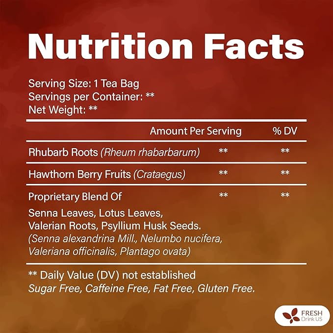 FreshDrinkUS, Premium Colon Cleanse Tea – 60 Tea Bags – Rhubarb Root & Hawthorn Berry with Senna, Lotus Leaf, Valerian Root & Psyllium Husk – Herbal Blend, Caffeine-Free. Vegan