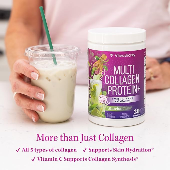 Muti Collagen Protein Powder Multi Collagen Peptides Powder for Women -Types I II III V & X Vitamin C & Hyaluronic Acid for Hair Skin and Nails Matcha Flavored - 30 Servings
