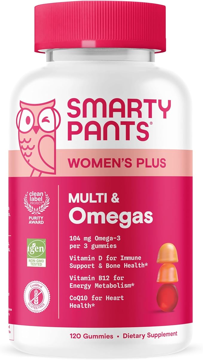 SmartyPants Women's Multivitamin Gummies - Improved Formula: Omega 3 (DHA/EPA), Methylfolate, CoQ10, Vitamin D3, C, Vitamin B12, B6, A, K & Zinc, Inositol, Gluten Free, 120 Count (40 Day Supply)