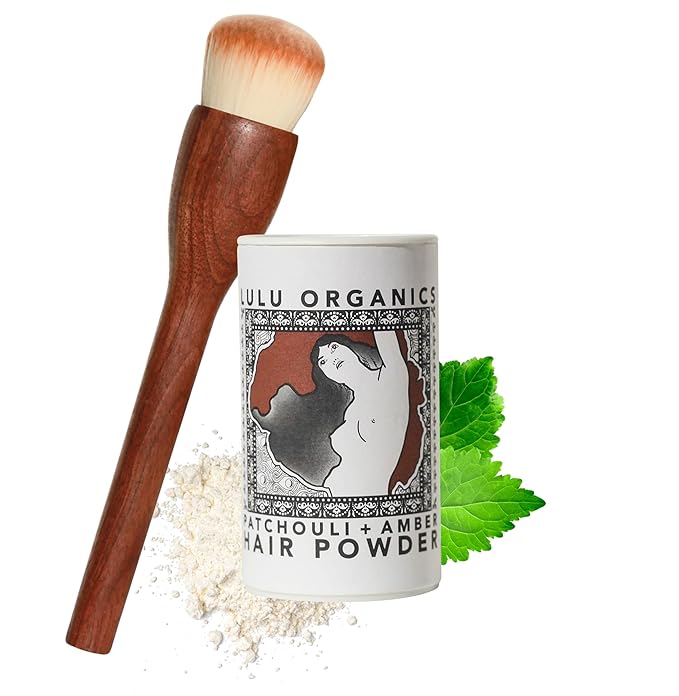 Non-Aerosol Dry Shampoo Powder with Hair Brush for Dark, Blonde and Oily Hair, All Natural Organic Body Powder, Paraben & Talc free No White Cast Synthetic Fragrance, Patchouli & Amber - 1oz