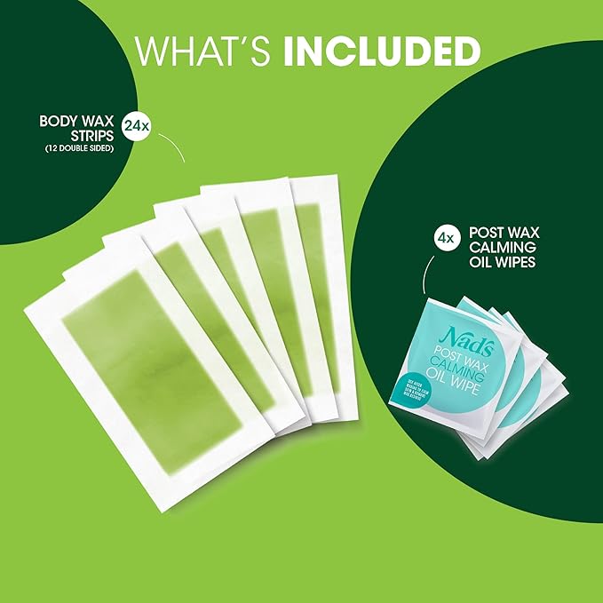 Nad's Body Wax Strips Hair Removal For Women At Home plus 4 Calming Oil Wipes, 24 Count