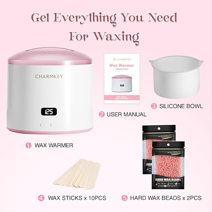 CHARMKEY Hair Removal Waxing Kit for Women, Digital Display Wax Warmer for Face, Eyebrow, Bikini, Body, Wax Machine with 200g Hard Wax Beads, Waxing Heater with 16.9oz Silicone Bowl at Home
