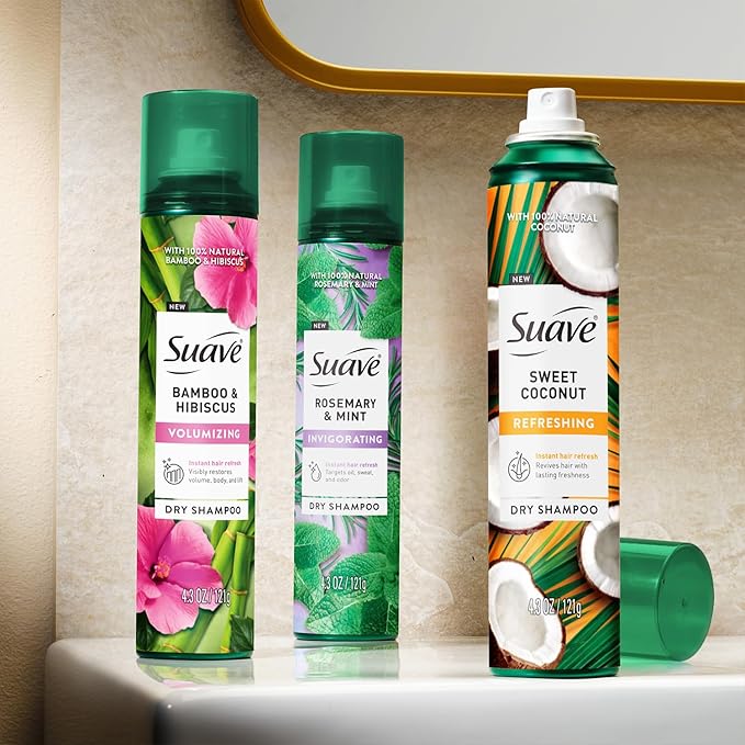 Suave Dry Shampoo Spray Variety 2-Pack – Invigorating Rosemary & Mint + Volumizing Bamboo & Hibiscus, 4.3 Oz Ea
