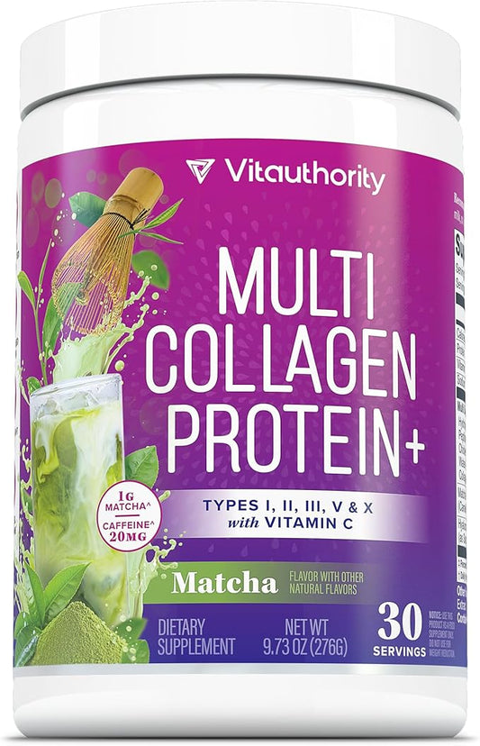 Muti Collagen Protein Powder Multi Collagen Peptides Powder for Women -Types I II III V & X Vitamin C & Hyaluronic Acid for Hair Skin and Nails Matcha Flavored - 30 Servings