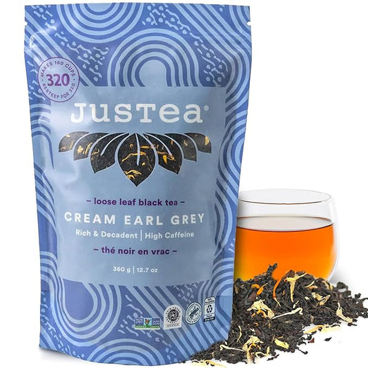 JusTea CREAM EARL GREY | Loose Leaf Black Tea | Recyclable Refill Pouch | 160+ Cups (12.7oz) | High Caffeine | Award-Winning | Fair Trade | Non-GMO