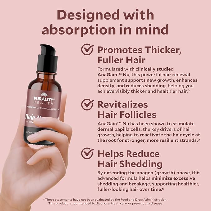 Purality Health Liposomal Hair Renewal, AnaGain Nu & Biotin, Supports Thicker, Fuller Hair, May Reduce Shedding & Promote Regrowth, Highly Absorbable Liquid Formula, Strawberry Flavor, 30 Servings