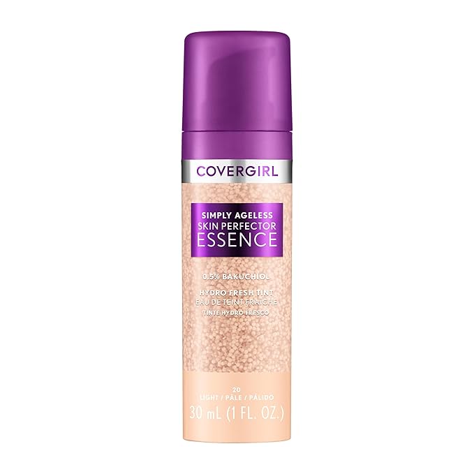 Covergirl Simply Ageless Skin Perfector Essence Foundation, 20 Light, Tinted Skincare Makeup Hybrid, Sheer Tint, Radiant Finish, Glowy Finish, Vegan Formula, 1.0oz