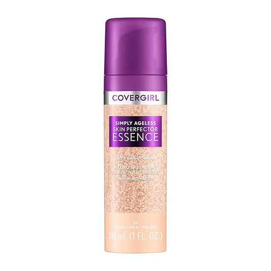 Covergirl Simply Ageless Skin Perfector Essence Foundation, 20 Light, Tinted Skincare Makeup Hybrid, Sheer Tint, Radiant Finish, Glowy Finish, Vegan Formula, 1.0oz