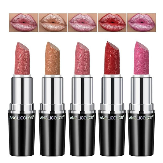 5pcs Glitter Lipstick High Impact Lipcolor,Lipstick Moisturizing Creamy Formula,Metallic Lipstick For Women For Vegan & Cruelty-Free,Full-Coverage Lip Color (#B, 20g)