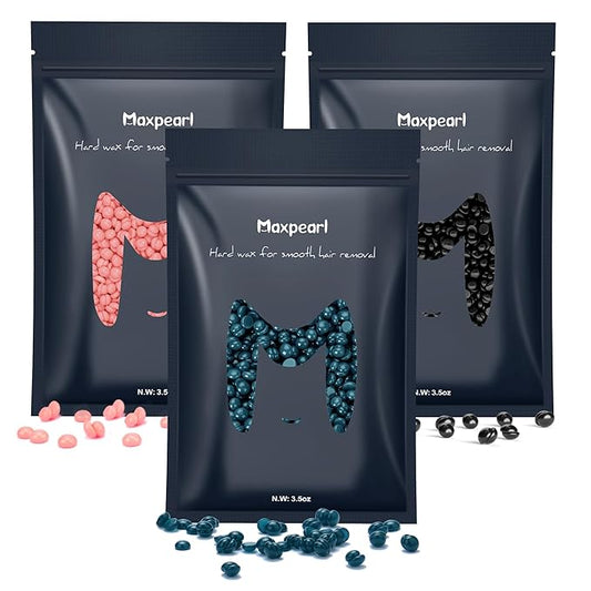 Maxpearl Hard Wax Beads, Pack of 3 Hair Removal Wax Beans Refill - Brazilian Waxing, Face, Eyebrows, Underarms, Bikini, Arms, Chest, Back, Legs, 10.5oz (Green/Pink/Black)