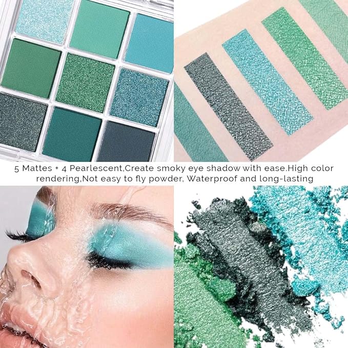 AMY'S DIARY Matte Shimmer Light Deep Green Eye Shadow Palette Makeup,Teal Eyeshadow Long Lasting Waterproof Cruelty-Free, 9 Blendable Shades in Smooth Finishes with Gorgeous Pearls for Girls (Green)