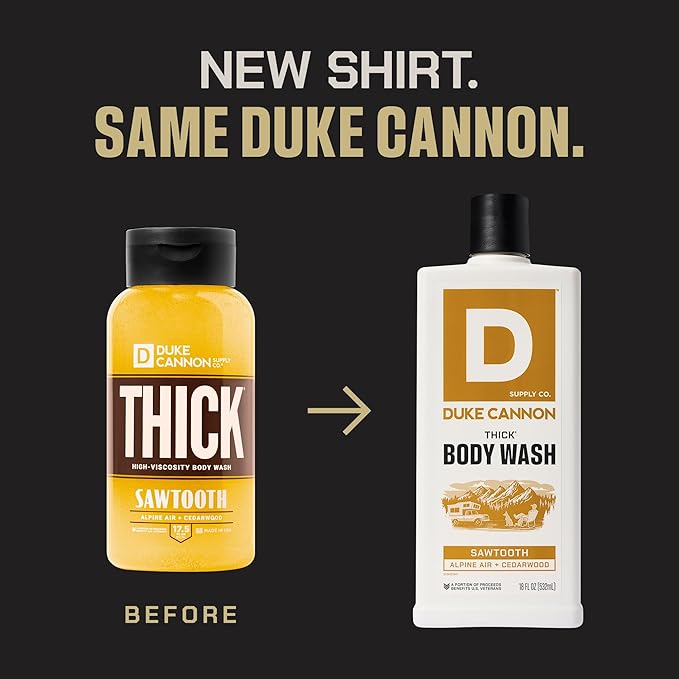 Duke Cannon Supply Co. Mens THICK Body Wash - Free of Sulfate, Paraben, & Phthalates Leaving Skin Soft and Hydrated - High Viscosity Odor Protection - Long Lasting Freshness - Sawtooth (18oz)