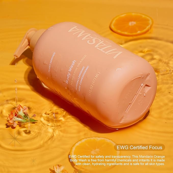 Natural Body Wash for Sensitive Skin, 16 oz – Mandarin Orange Scent, 98.9% Plant‑Derived, EWG Verified, Hypoallergenic, Paraben‑Free, Sulfate‑Free, Cruelty‑Free