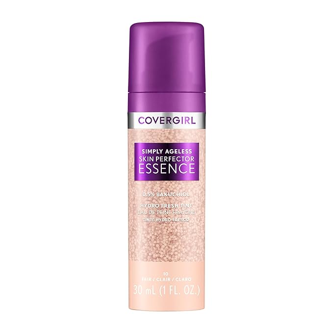 Covergirl Simply Ageless Skin Perfector Essence Foundation, 10 Fair, Tinted Skincare Makeup Hybrid, Sheer Tint, Radiant Finish, Glowy Finish, Vegan Formula, 1.0oz