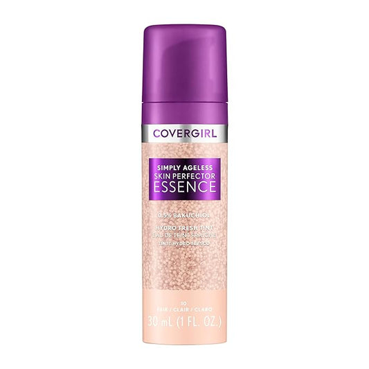Covergirl Simply Ageless Skin Perfector Essence Foundation, 10 Fair, Tinted Skincare Makeup Hybrid, Sheer Tint, Radiant Finish, Glowy Finish, Vegan Formula, 1.0oz