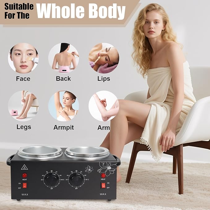 Wax Warmer Double Pot, Professional Electric Heater for Facial, Body, Spa, and Salon, 1.2L Dual Adjustable Temperature with 100 Wooden Craft Sticks, Hair Removal (Black)