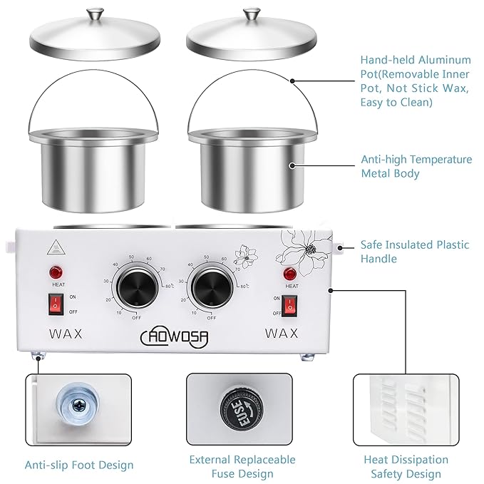 Professional Waxing Kit Wax Warmer Double Pot Wax Heater Machine for Hair Removal, Large Waxing Pot for Spa Salon Beauty Esthetician Home, with Adjustable Temperature Set, 50 Stick & 20 Collar(White)