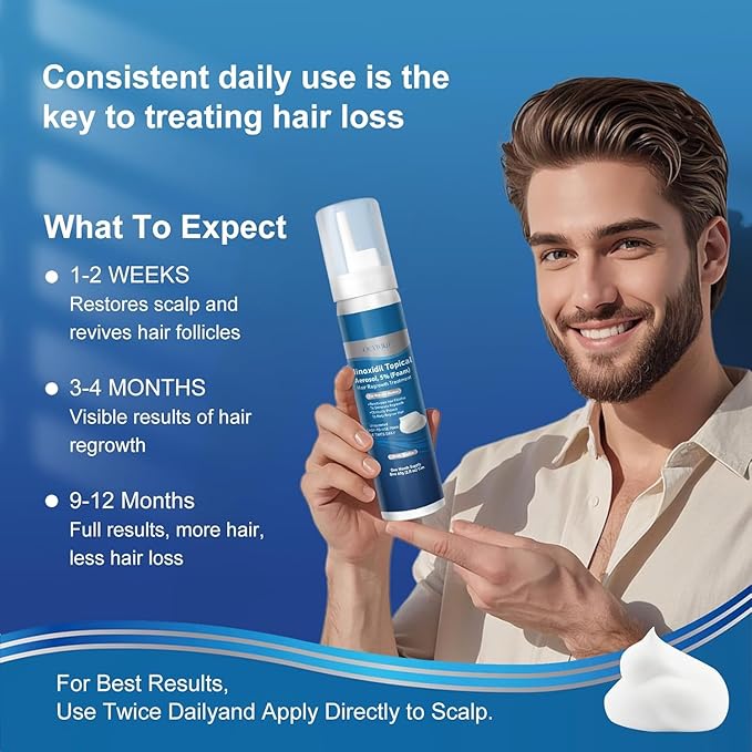 5% minoxidil foam for men, topical minoxidil foam, Biotin-Infused, Hair Growth Treatment, Unscented, Foam, 3-4 Month Supply, Supports Thicker and Fuller Hair & Beard